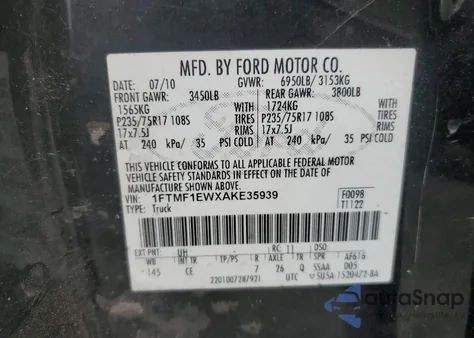 2010 Ford F150 из США, поврежденный, VIN 1FTMF1EWXAKE35939